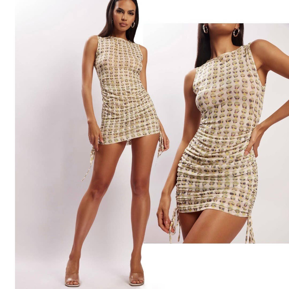 NWT Meshki Sally Ruched Side Mesh Alien Print Mini Dress XS